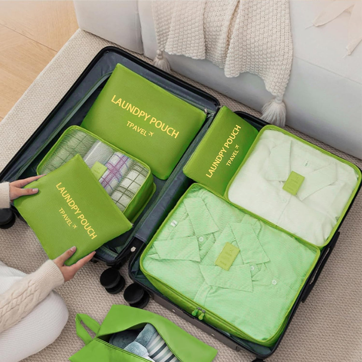 7 Set Packing Cubes for Travel Luggage Packing Bags Reusable Waterproof Suitcase Organizer Bags Set with Shoe Bag and Toiletry Bag (Orange)