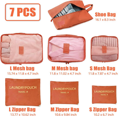 7 Set Packing Cubes for Travel Luggage Packing Bags Reusable Waterproof Suitcase Organizer Bags Set with Shoe Bag and Toiletry Bag (Orange)