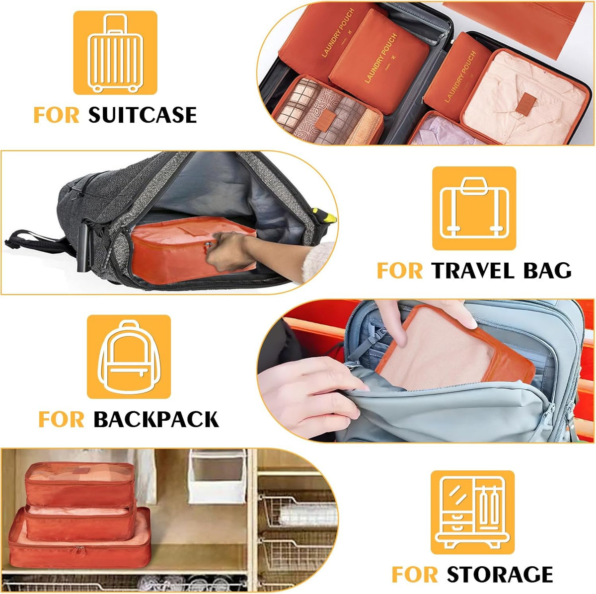 7 Set Packing Cubes for Travel Luggage Packing Bags Reusable Waterproof Suitcase Organizer Bags Set with Shoe Bag and Toiletry Bag (Orange)