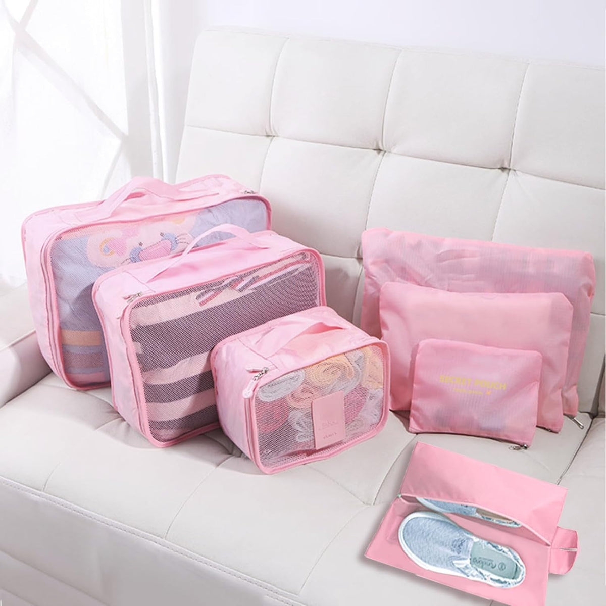7 Set Packing Cubes for Travel Luggage Packing Bags Reusable Waterproof Suitcase Organizer Bags Set with Shoe Bag and Toiletry Bag (Orange)