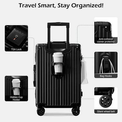 Carry on Luggage Aluminium Frame with Cup Holder, 20 Inch Zipperless Luggage with Spinner Wheels,Carry On Suitcase 22x14x9 Airline Approved for Business Travel
