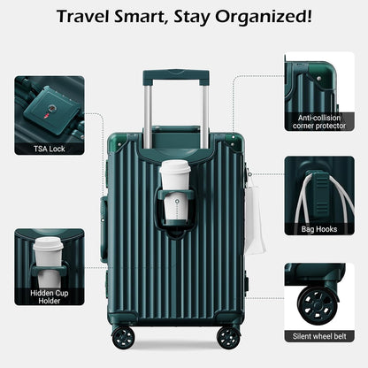 Carry on Luggage Aluminium Frame with Cup Holder, 20 Inch Zipperless Luggage with Spinner Wheels,Carry On Suitcase 22x14x9 Airline Approved for Business Travel