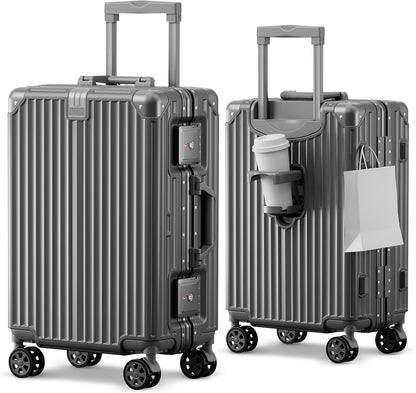 Carry on Luggage Aluminium Frame with Cup Holder, 20 Inch Zipperless Luggage with Spinner Wheels,Carry On Suitcase 22x14x9 Airline Approved for Business Travel