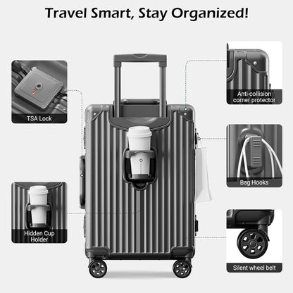 Carry on Luggage Aluminium Frame with Cup Holder, 20 Inch Zipperless Luggage with Spinner Wheels,Carry On Suitcase 22x14x9 Airline Approved for Business Travel