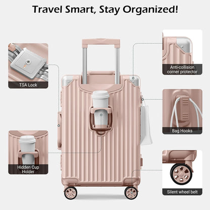 Carry on Luggage Aluminium Frame with Cup Holder, 20 Inch Zipperless Luggage with Spinner Wheels,Carry On Suitcase 22x14x9 Airline Approved for Business Travel