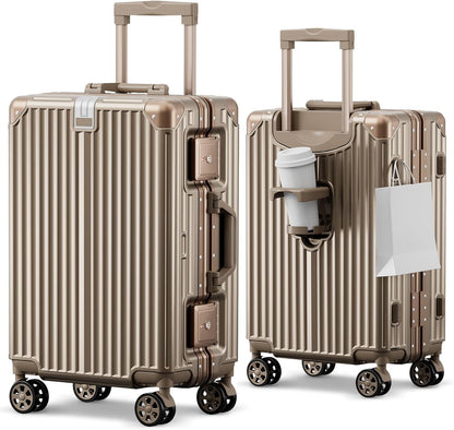 Carry on Luggage Aluminium Frame with Cup Holder, 20 Inch Zipperless Luggage with Spinner Wheels,Carry On Suitcase 22x14x9 Airline Approved for Business Travel