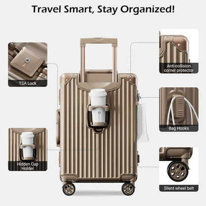Carry on Luggage Aluminium Frame with Cup Holder, 20 Inch Zipperless Luggage with Spinner Wheels,Carry On Suitcase 22x14x9 Airline Approved for Business Travel