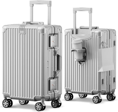 Carry on Luggage Aluminium Frame with Cup Holder, 20 Inch Zipperless Luggage with Spinner Wheels,Carry On Suitcase 22x14x9 Airline Approved for Business Travel