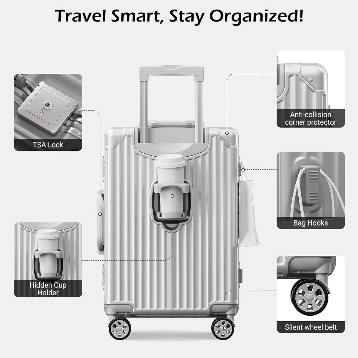 Carry on Luggage Aluminium Frame with Cup Holder, 20 Inch Zipperless Luggage with Spinner Wheels,Carry On Suitcase 22x14x9 Airline Approved for Business Travel