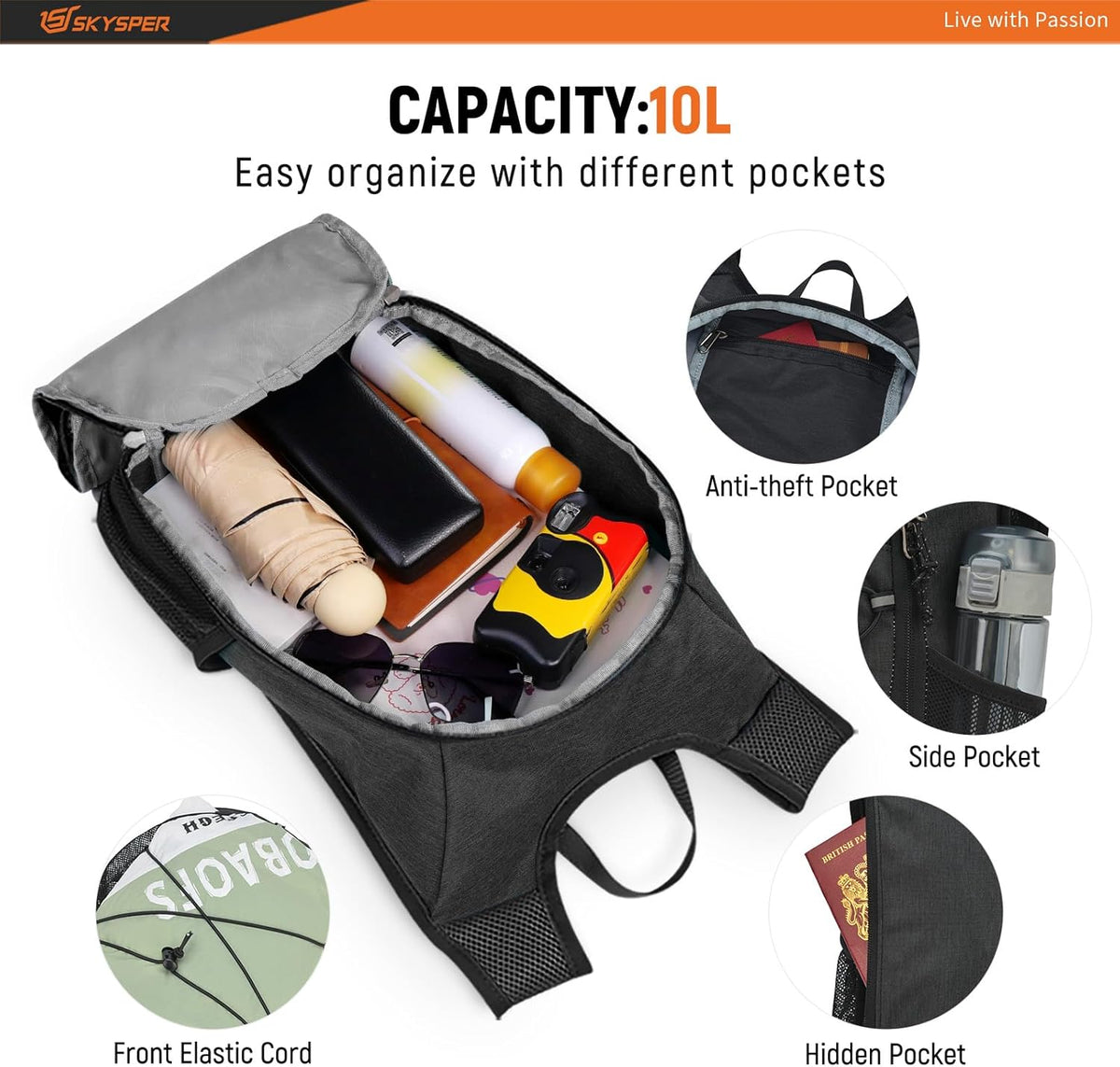Foldable Hiking Backpack - 10L/15L Small Lightweight Daypack Breathable Travel Backpacks