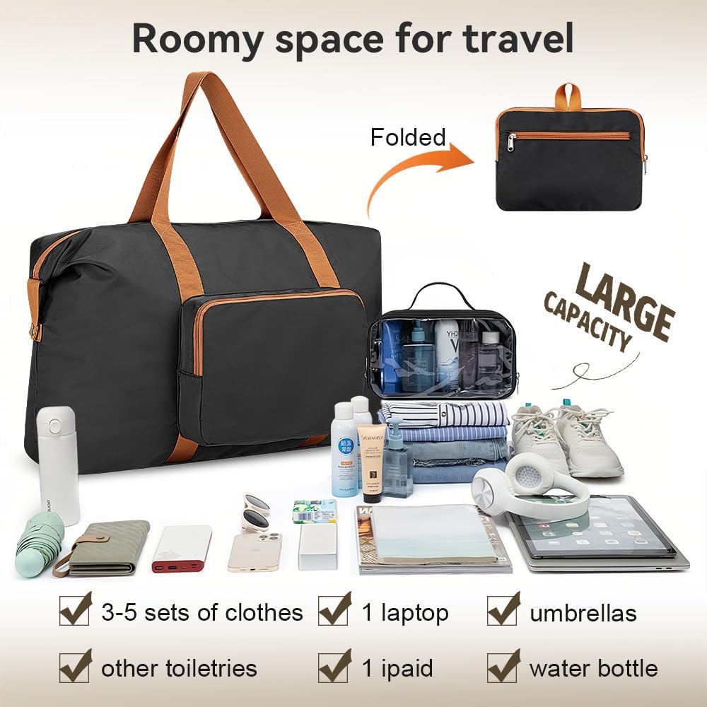 Travel Duffel Bag 60L Large Tote Carry On Luggage Bag Foldable for Sport Gym Weekender Overnight, Hospital Bag for Labor and Delivery, White-Brown