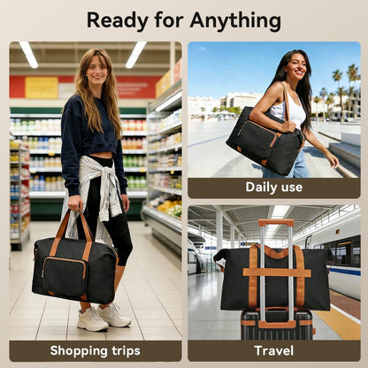 Travel Duffel Bag 60L Large Tote Carry On Luggage Bag Foldable for Sport Gym Weekender Overnight, Hospital Bag for Labor and Delivery, White-Brown