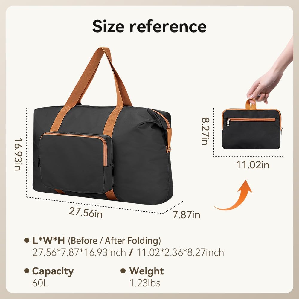 Travel Duffel Bag 60L Large Tote Carry On Luggage Bag Foldable for Sport Gym Weekender Overnight, Hospital Bag for Labor and Delivery, White-Brown