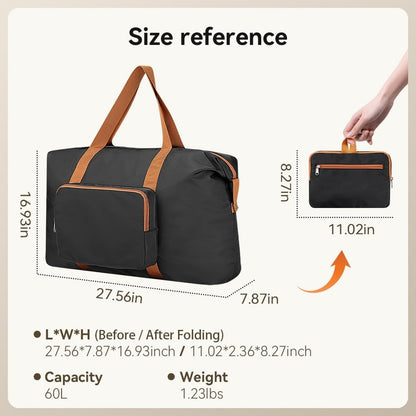 Travel Duffel Bag 60L Large Tote Carry On Luggage Bag Foldable for Sport Gym Weekender Overnight, Hospital Bag for Labor and Delivery, White-Brown