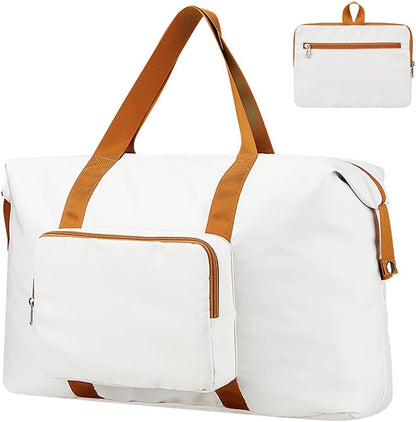 Travel Duffel Bag 60L Large Tote Carry On Luggage Bag Foldable for Sport Gym Weekender Overnight, Hospital Bag for Labor and Delivery, White-Brown