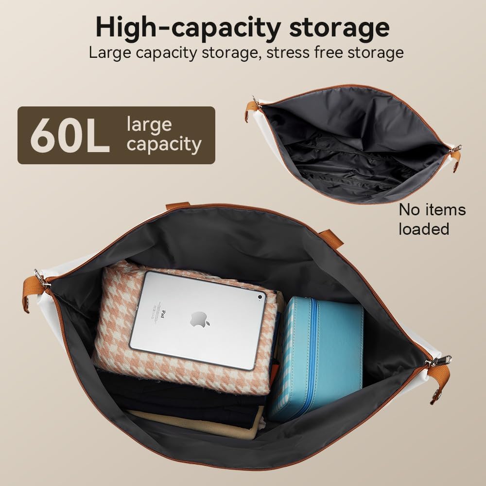 Travel Duffel Bag 60L Large Tote Carry On Luggage Bag Foldable for Sport Gym Weekender Overnight, Hospital Bag for Labor and Delivery, White-Brown