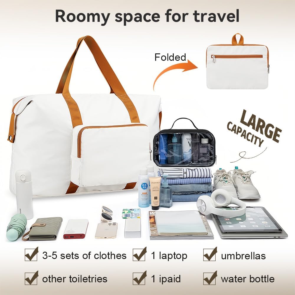 Travel Duffel Bag 60L Large Tote Carry On Luggage Bag Foldable for Sport Gym Weekender Overnight, Hospital Bag for Labor and Delivery, White-Brown