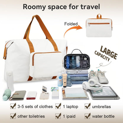 Travel Duffel Bag 60L Large Tote Carry On Luggage Bag Foldable for Sport Gym Weekender Overnight, Hospital Bag for Labor and Delivery, White-Brown