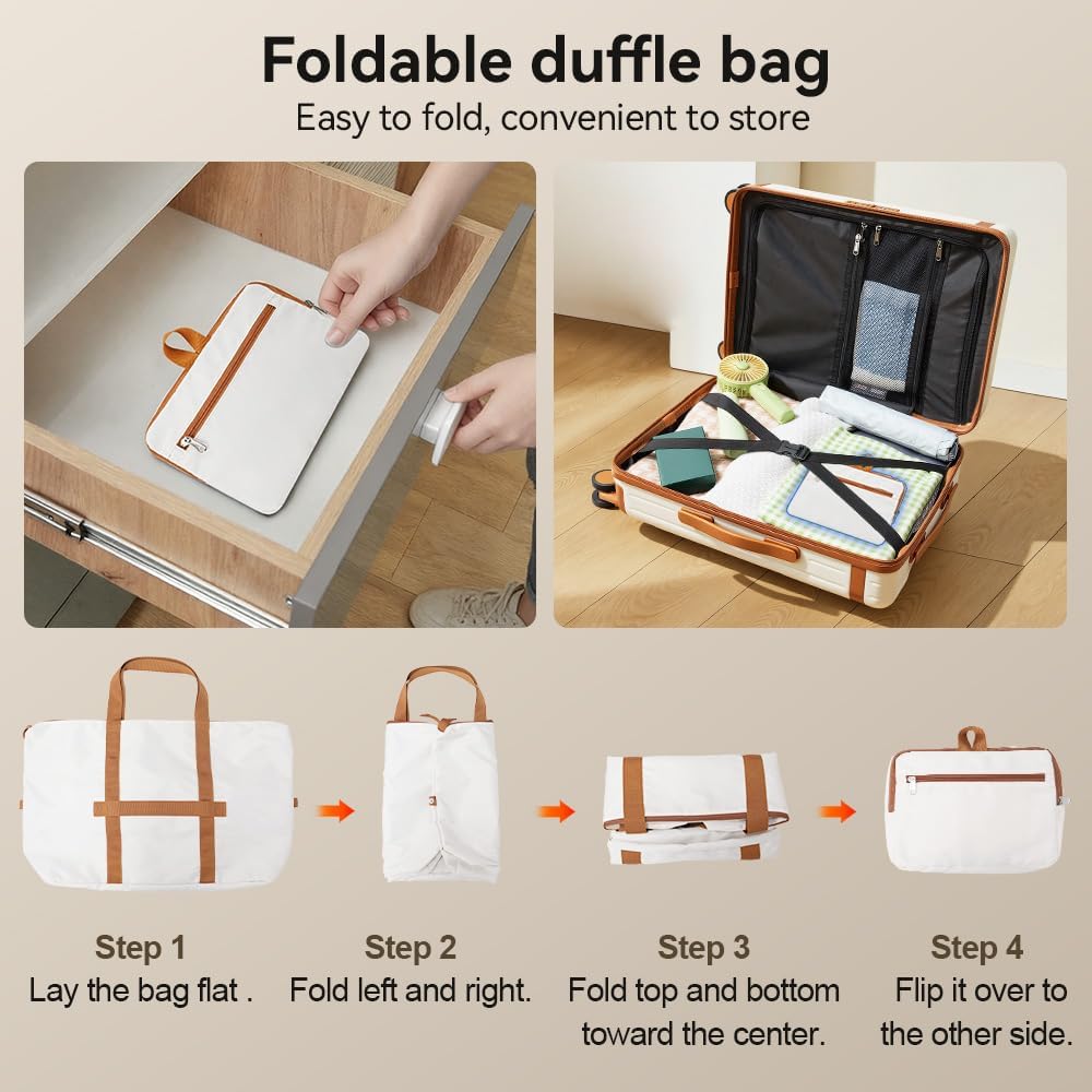 Travel Duffel Bag 60L Large Tote Carry On Luggage Bag Foldable for Sport Gym Weekender Overnight, Hospital Bag for Labor and Delivery, White-Brown