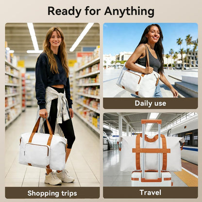 Travel Duffel Bag 60L Large Tote Carry On Luggage Bag Foldable for Sport Gym Weekender Overnight, Hospital Bag for Labor and Delivery, White-Brown