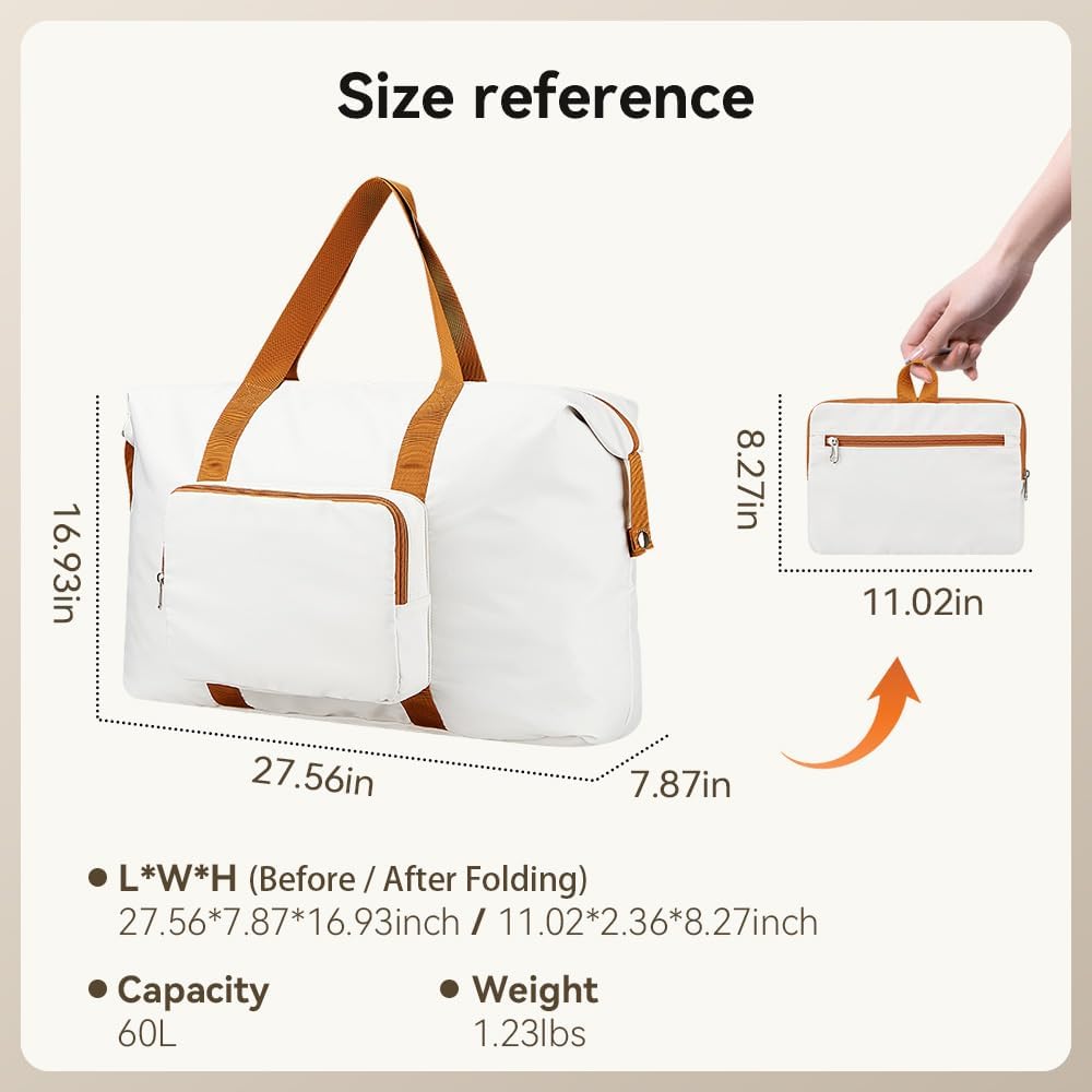 Travel Duffel Bag 60L Large Tote Carry On Luggage Bag Foldable for Sport Gym Weekender Overnight, Hospital Bag for Labor and Delivery, White-Brown