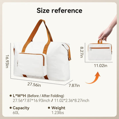 Travel Duffel Bag 60L Large Tote Carry On Luggage Bag Foldable for Sport Gym Weekender Overnight, Hospital Bag for Labor and Delivery, White-Brown