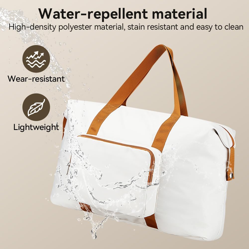 Travel Duffel Bag 60L Large Tote Carry On Luggage Bag Foldable for Sport Gym Weekender Overnight, Hospital Bag for Labor and Delivery, White-Brown