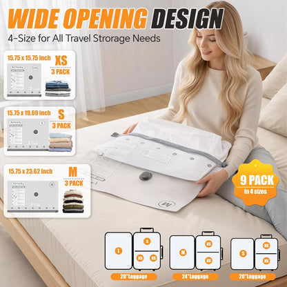 Travel Vacuum Bags with Rechargeable Pump, 12 Pack Compression Packing Bags with 35KPA Electric Pump, 90% Space Saver for Clothes, Vacuum Seal Bags fo Carry-on Luggage Suitcase
