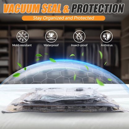 Travel Vacuum Bags with Rechargeable Pump, 12 Pack Compression Packing Bags with 35KPA Electric Pump, 90% Space Saver for Clothes, Vacuum Seal Bags fo Carry-on Luggage Suitcase