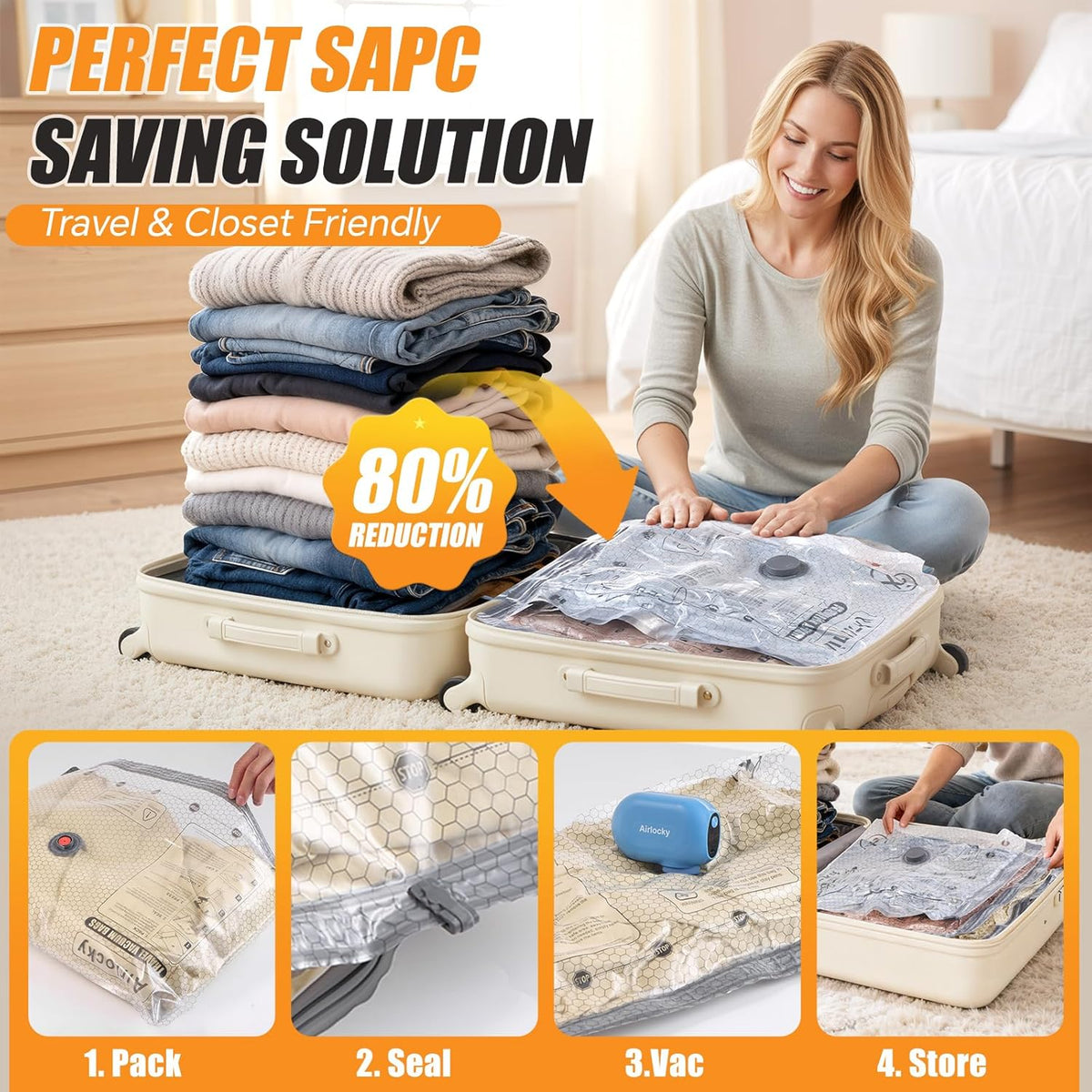 Travel Vacuum Bags with Rechargeable Pump, 12 Pack Compression Packing Bags with 35KPA Electric Pump, 90% Space Saver for Clothes, Vacuum Seal Bags fo Carry-on Luggage Suitcase