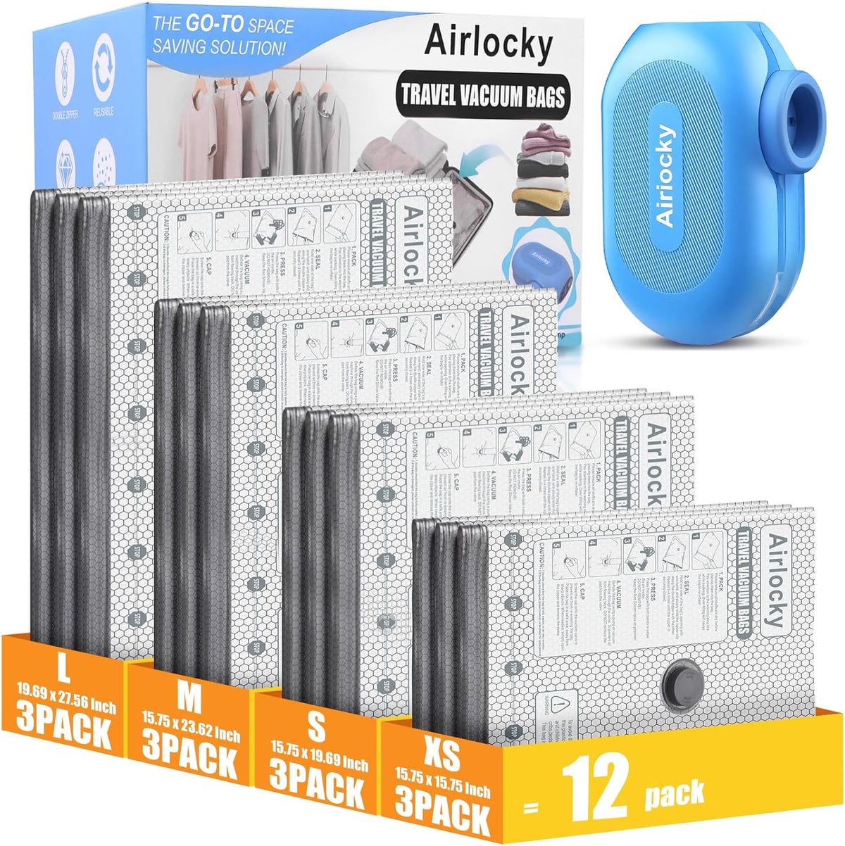 Travel Vacuum Bags with Rechargeable Pump, 12 Pack Compression Packing Bags with 35KPA Electric Pump, 90% Space Saver for Clothes, Vacuum Seal Bags fo Carry-on Luggage Suitcase
