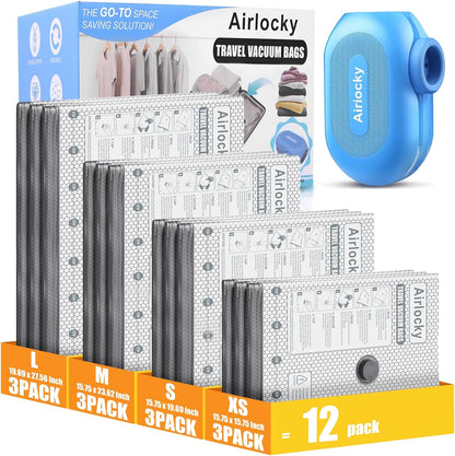 Travel Vacuum Bags with Rechargeable Pump, 12 Pack Compression Packing Bags with 35KPA Electric Pump, 90% Space Saver for Clothes, Vacuum Seal Bags fo Carry-on Luggage Suitcase