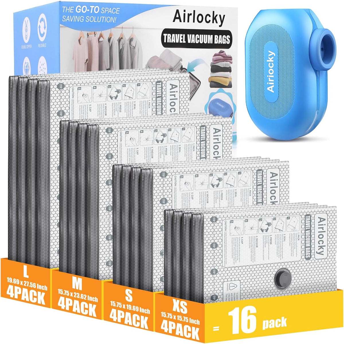 Travel Vacuum Bags with Rechargeable Pump, 12 Pack Compression Packing Bags with 35KPA Electric Pump, 90% Space Saver for Clothes, Vacuum Seal Bags fo Carry-on Luggage Suitcase