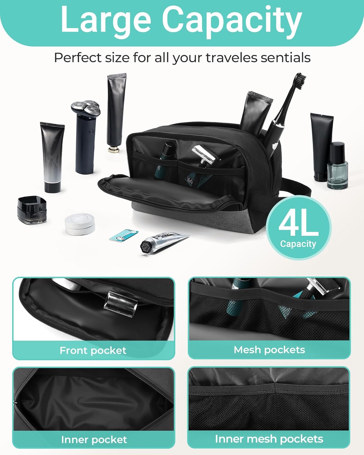 Travel Toiletry Bag for Women and Men,Lightweight Makeup Bag Hanging Dopp Kit with Shaving Compartment Cosmetic Organizer Small Tool Bag Travel Essentials,Gifts for Men(Black)