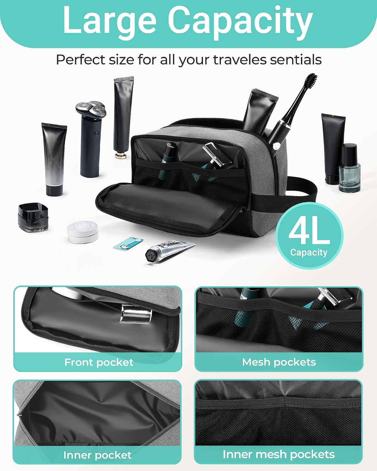 Travel Toiletry Bag for Women and Men,Lightweight Makeup Bag Hanging Dopp Kit with Shaving Compartment Cosmetic Organizer Small Tool Bag Travel Essentials,Gifts for Men(Black)