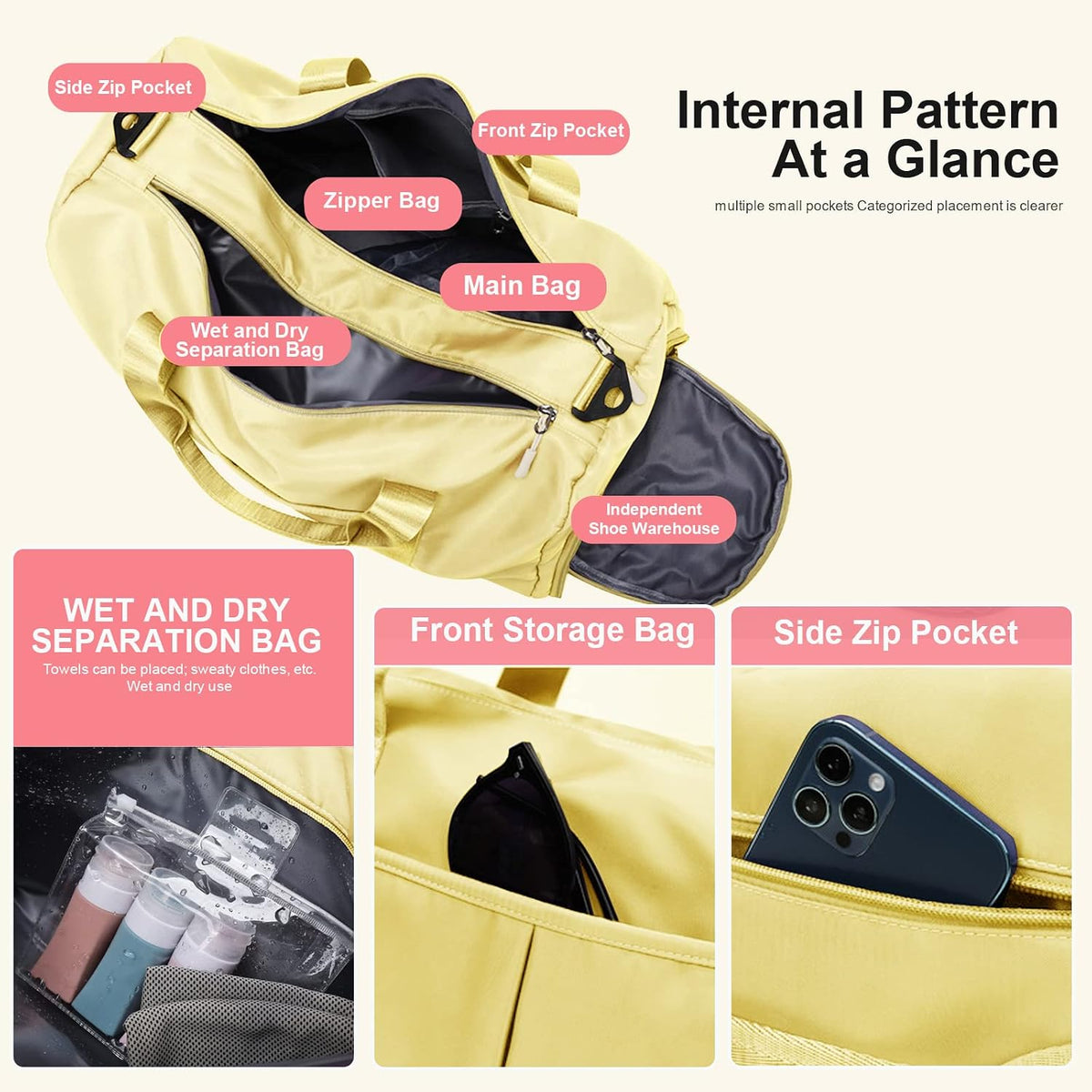 Sports Gym Bag with Wet Pocket & Shoes Compartment, Waterproof Shoulder Weekender Bag for Women and Men Swim Sports Travel Gym Bag Lightweight and easy Carry on Beige