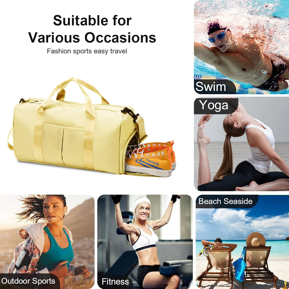Sports Gym Bag with Wet Pocket & Shoes Compartment, Waterproof Shoulder Weekender Bag for Women and Men Swim Sports Travel Gym Bag Lightweight and easy Carry on Beige
