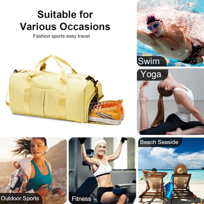 Sports Gym Bag with Wet Pocket & Shoes Compartment, Waterproof Shoulder Weekender Bag for Women and Men Swim Sports Travel Gym Bag Lightweight and easy Carry on Beige