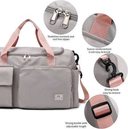 Sports Gym Bag with Wet Pocket & Shoes Compartment, Waterproof Shoulder Weekender Bag for Women and Men Swim Sports Travel Gym Bag Lightweight and easy Carry on Beige