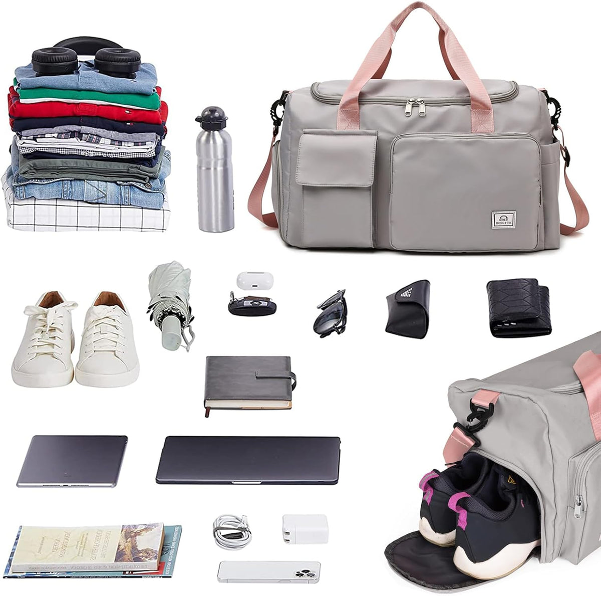 Sports Gym Bag with Wet Pocket & Shoes Compartment, Waterproof Shoulder Weekender Bag for Women and Men Swim Sports Travel Gym Bag Lightweight and easy Carry on Beige