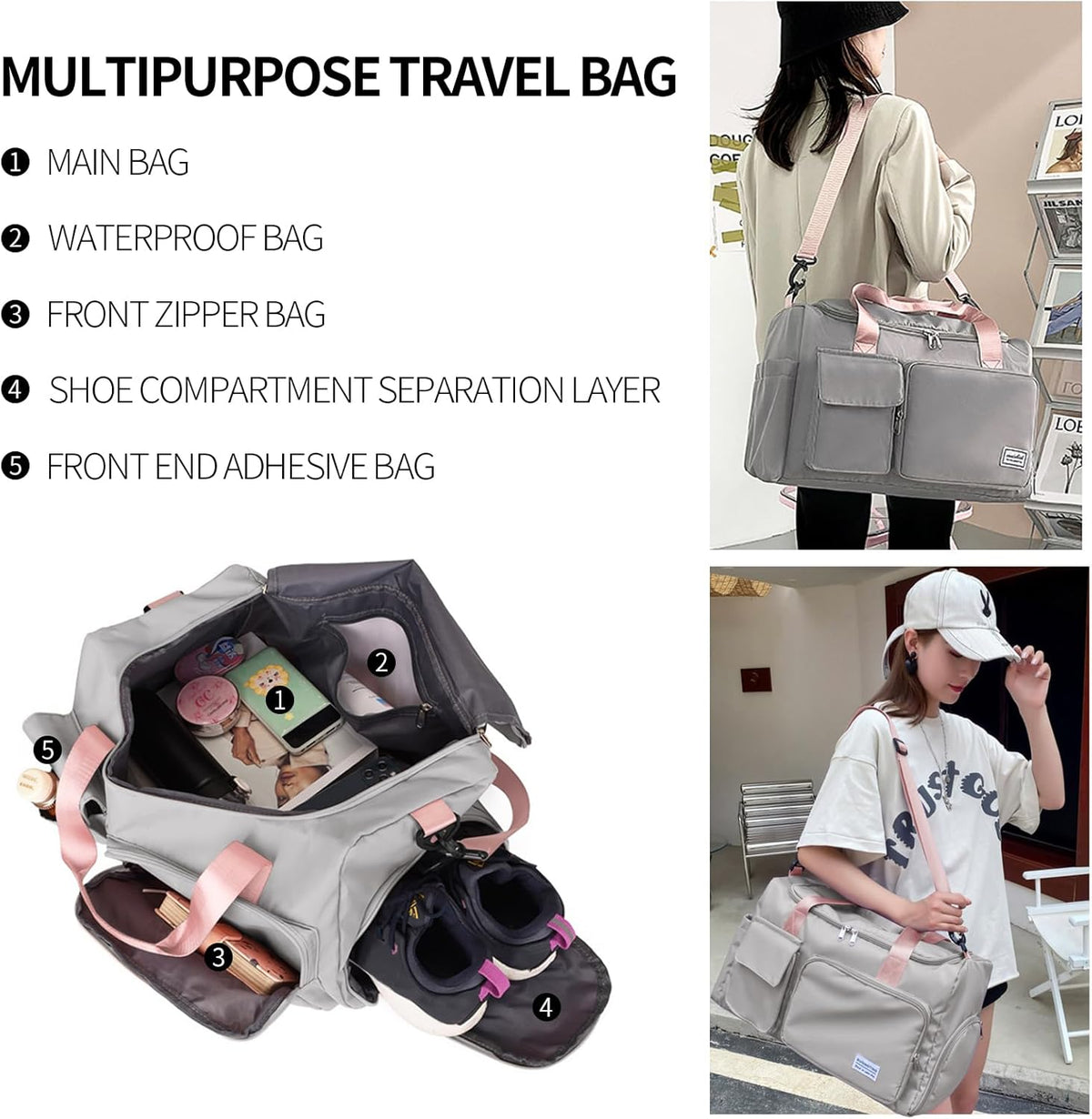 Sports Gym Bag with Wet Pocket & Shoes Compartment, Waterproof Shoulder Weekender Bag for Women and Men Swim Sports Travel Gym Bag Lightweight and easy Carry on Beige