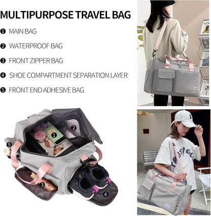 Sports Gym Bag with Wet Pocket & Shoes Compartment, Waterproof Shoulder Weekender Bag for Women and Men Swim Sports Travel Gym Bag Lightweight and easy Carry on Beige