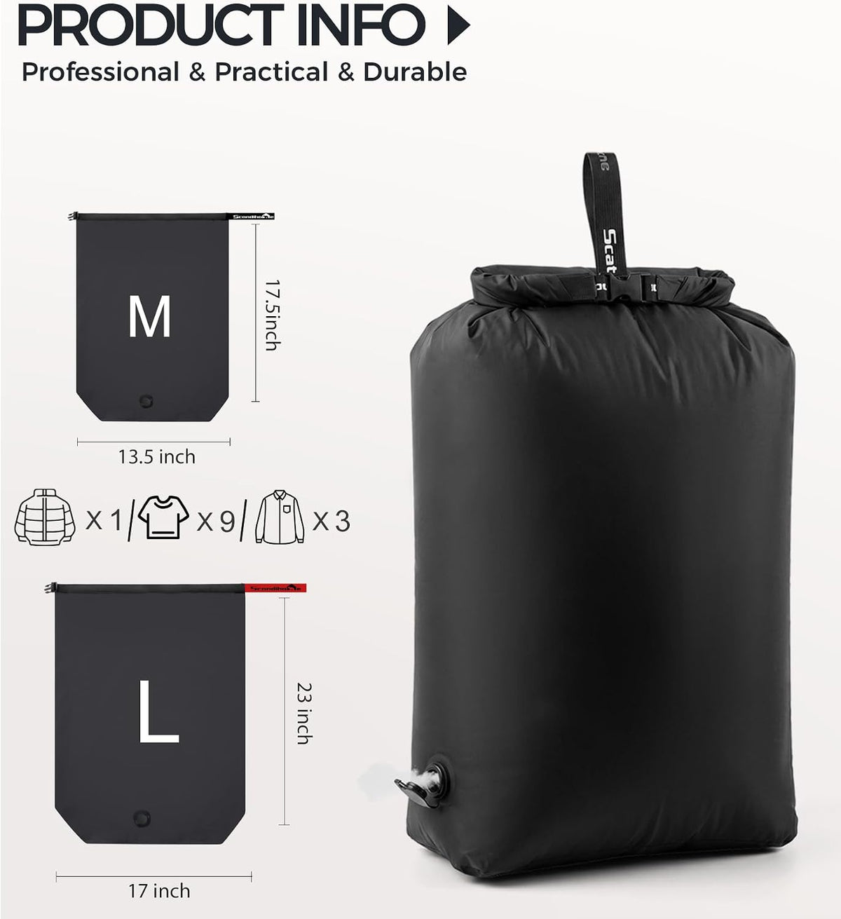 Travel Laundry Bag, Pump-Free Vacuum Compression Dirty Clothes Bag for Suitcases, Large Waterproof Wet Dry Bag, Space Saver Reusable Laundry Bag for Cruise Essentials, Road Trip & Dorm, Black
