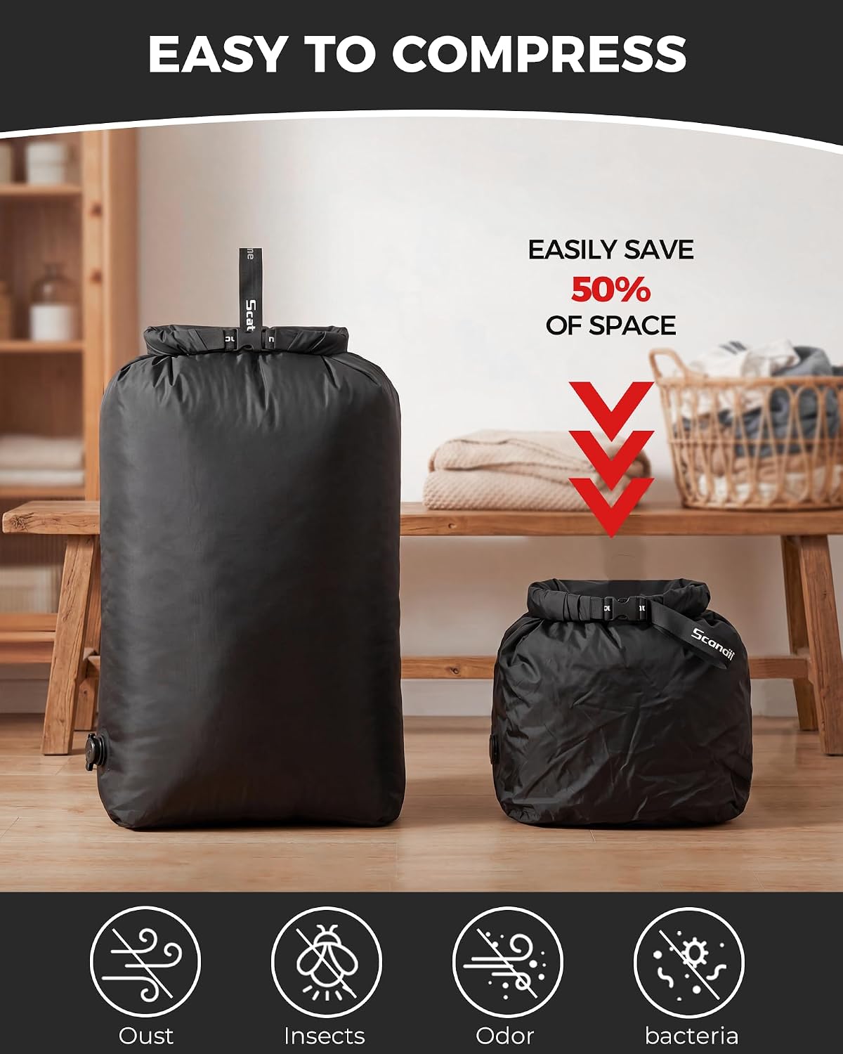 Travel Laundry Bag, Pump-Free Vacuum Compression Dirty Clothes Bag for Suitcases, Large Waterproof Wet Dry Bag, Space Saver Reusable Laundry Bag for Cruise Essentials, Road Trip & Dorm, Black