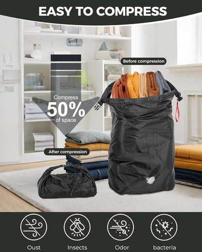 Travel Laundry Bag, Pump-Free Vacuum Compression Dirty Clothes Bag for Suitcases, Large Waterproof Wet Dry Bag, Space Saver Reusable Laundry Bag for Cruise Essentials, Road Trip & Dorm, Black