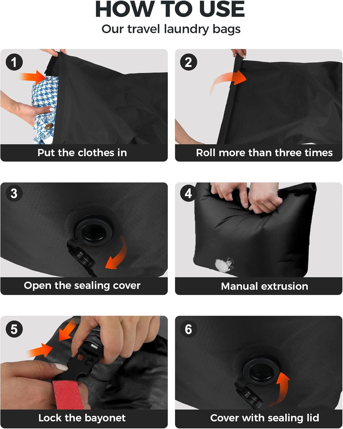 Travel Laundry Bag, Pump-Free Vacuum Compression Dirty Clothes Bag for Suitcases, Large Waterproof Wet Dry Bag, Space Saver Reusable Laundry Bag for Cruise Essentials, Road Trip & Dorm, Black