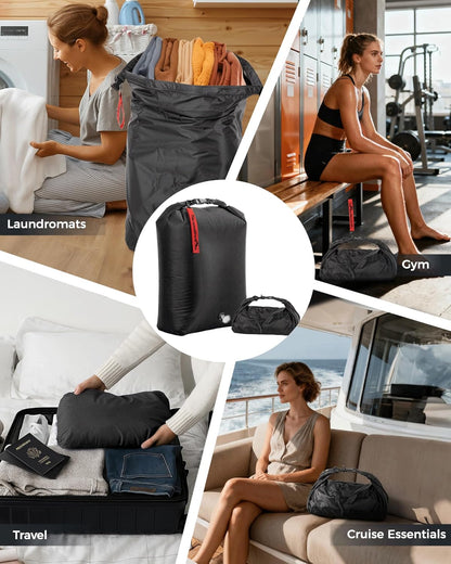 Travel Laundry Bag, Pump-Free Vacuum Compression Dirty Clothes Bag for Suitcases, Large Waterproof Wet Dry Bag, Space Saver Reusable Laundry Bag for Cruise Essentials, Road Trip & Dorm, Black