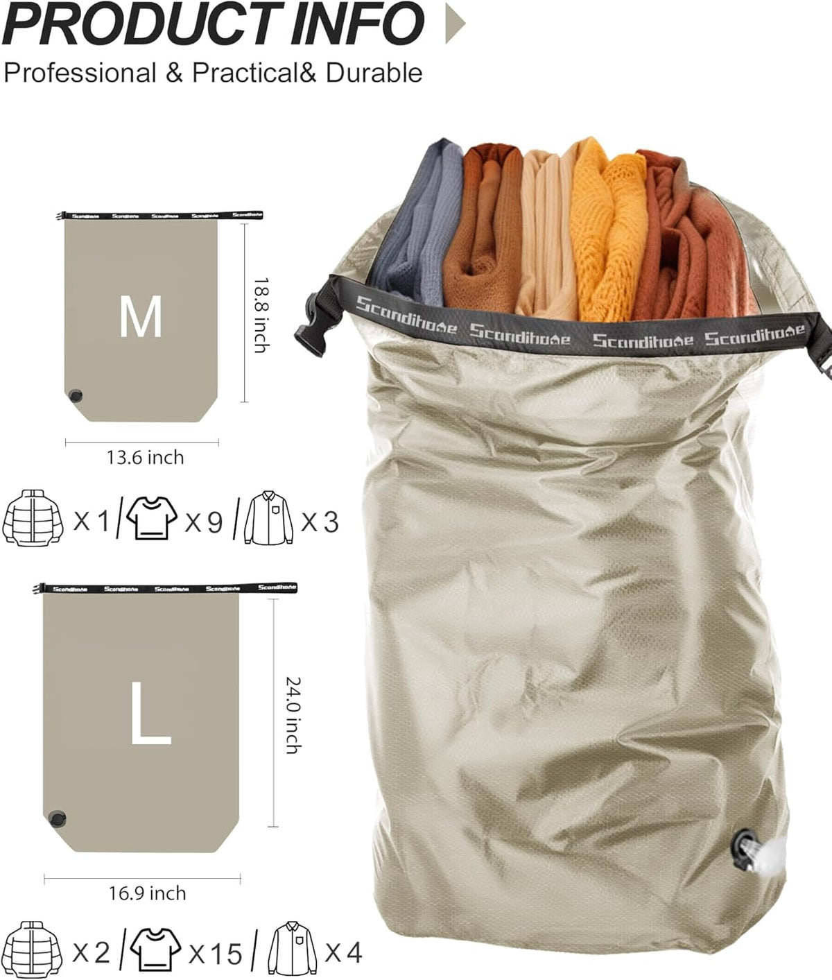 Travel Laundry Bag, Pump-Free Vacuum Compression Dirty Clothes Bag for Suitcases, Large Waterproof Wet Dry Bag, Space Saver Reusable Laundry Bag for Cruise Essentials, Road Trip & Dorm, Black