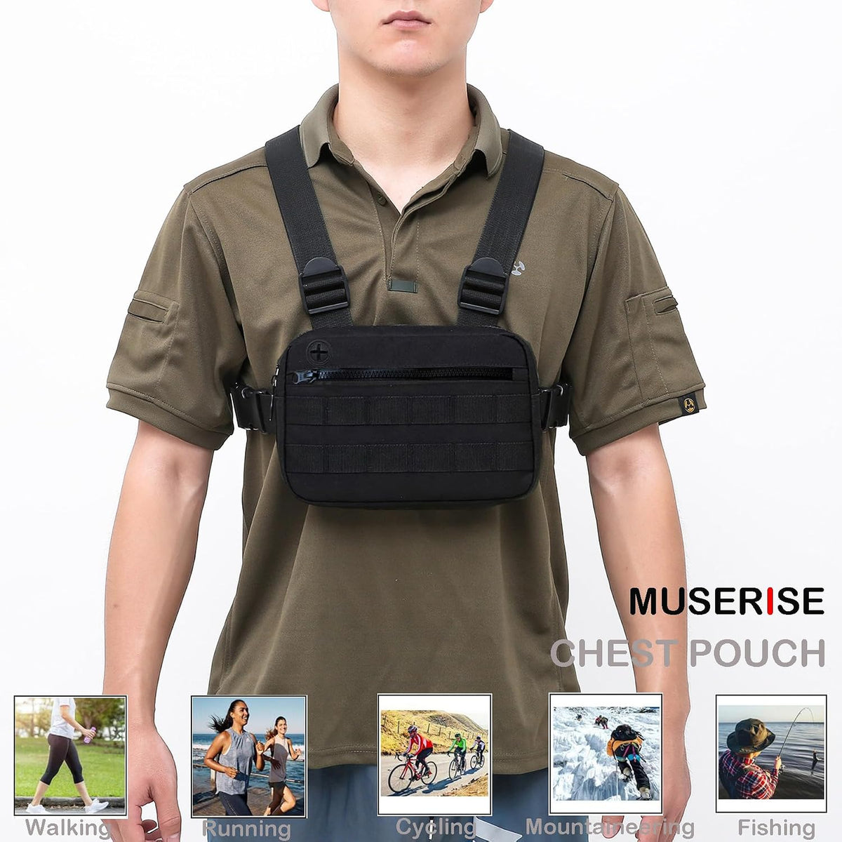 Muserise Outdoor Chest Bag For Men, EDC Chest Pack With Built-In Phone Holder, Lightweight Chest Rig Pouch