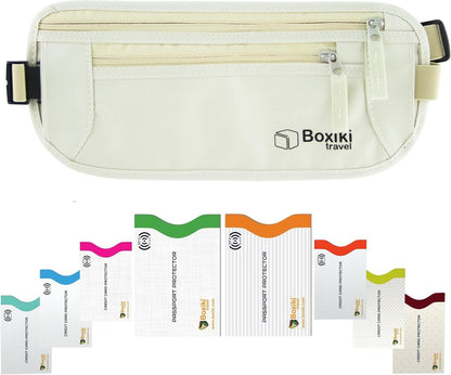 Gray Money Belt + RFID Sleeves Set of 8 Pcs | RFID Blocking Secure Waist Bag, Credit Card Holders & Passport Holders for Men and Women | Keep Your Travel Essentials in Reach